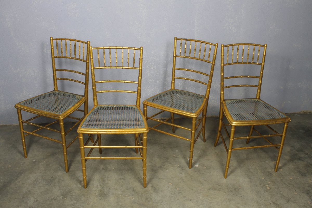 Suite de 4 chaises de théâtre en bois doré style bambou époque fin 19ème-photo-4