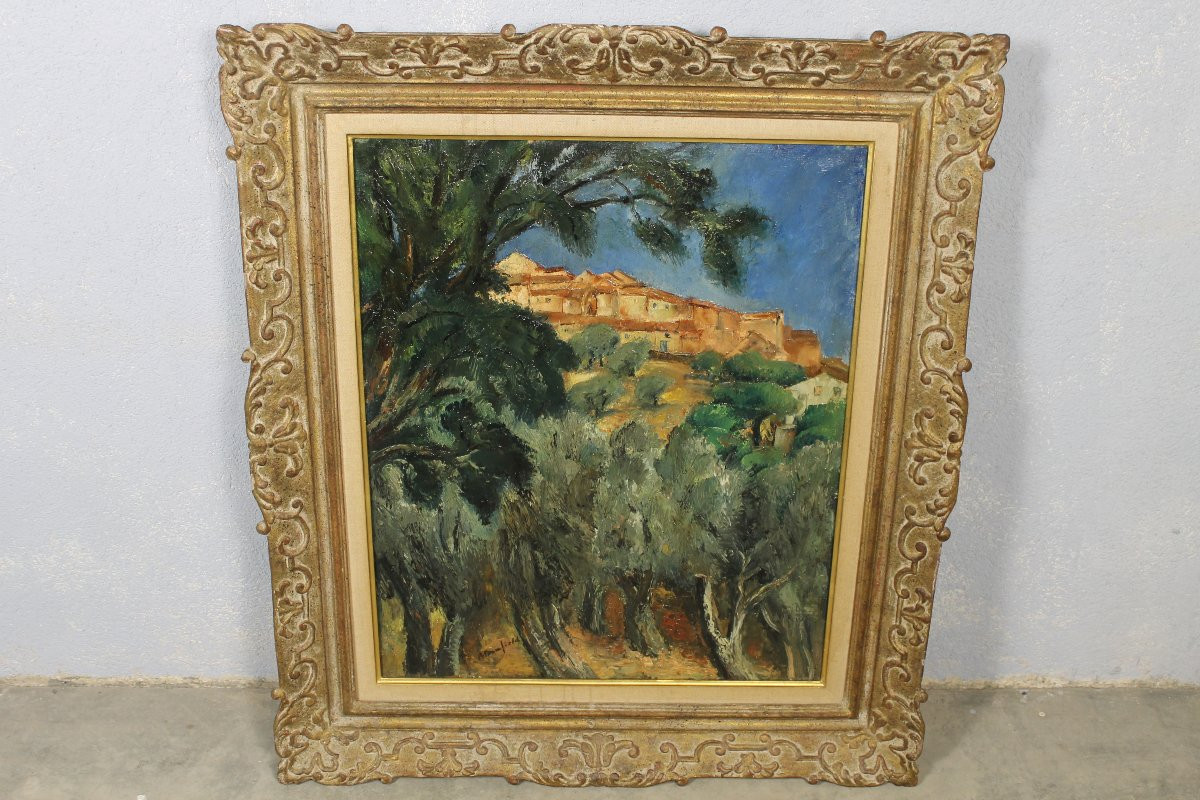 Vue de Ramatuelle Huile sur toile signée Harry Bloomfield avec son cadre d'origine Montparnasse-photo-4