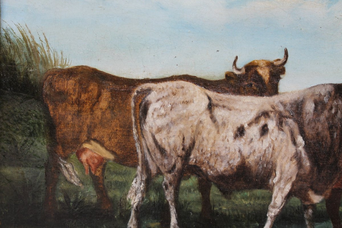 Huile sur toile Vaches dans un champ normand époque début 20ème signée datée et encadrée-photo-2