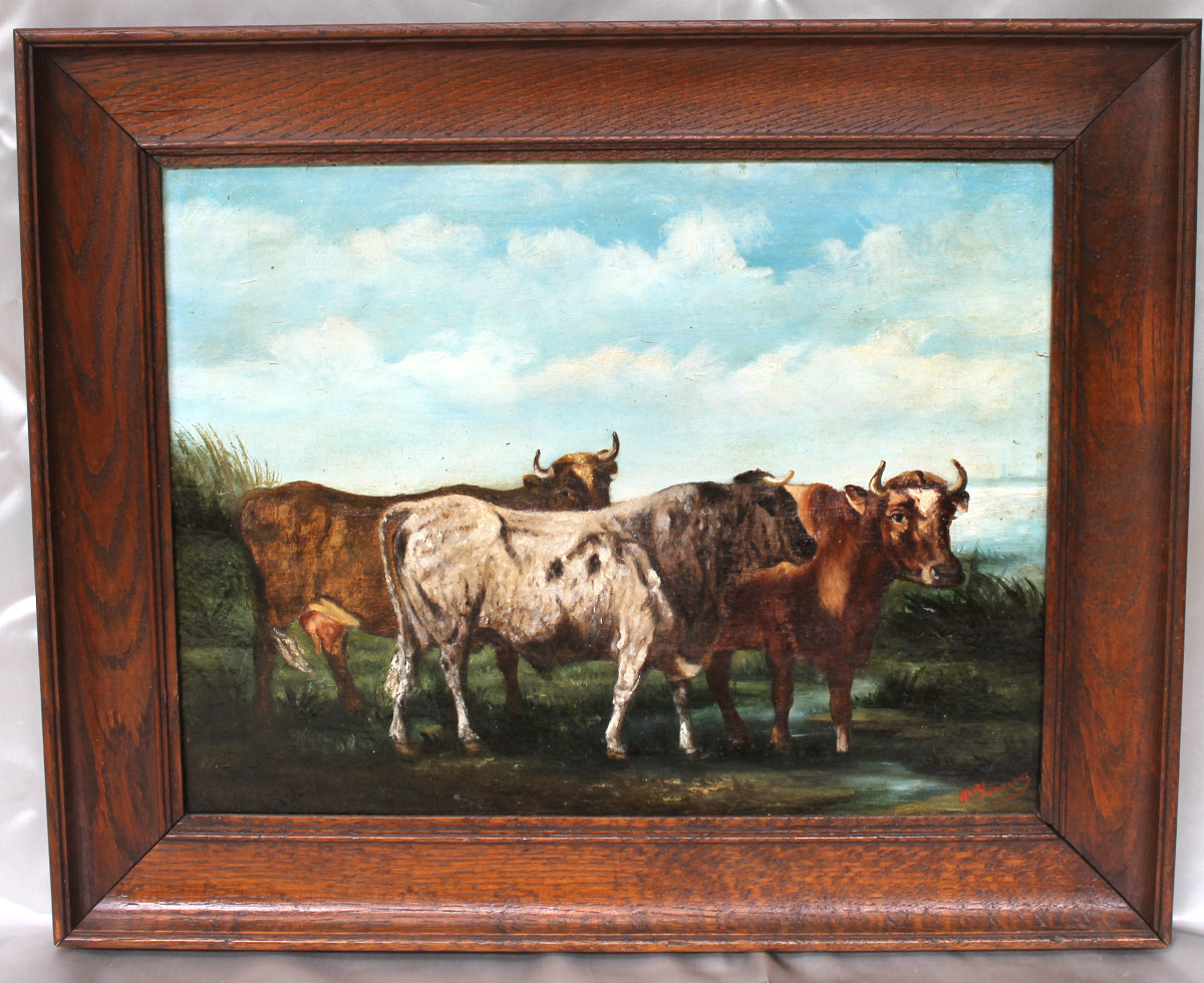 Huile sur toile Vaches dans un champ normand époque début 20ème signée datée et encadrée