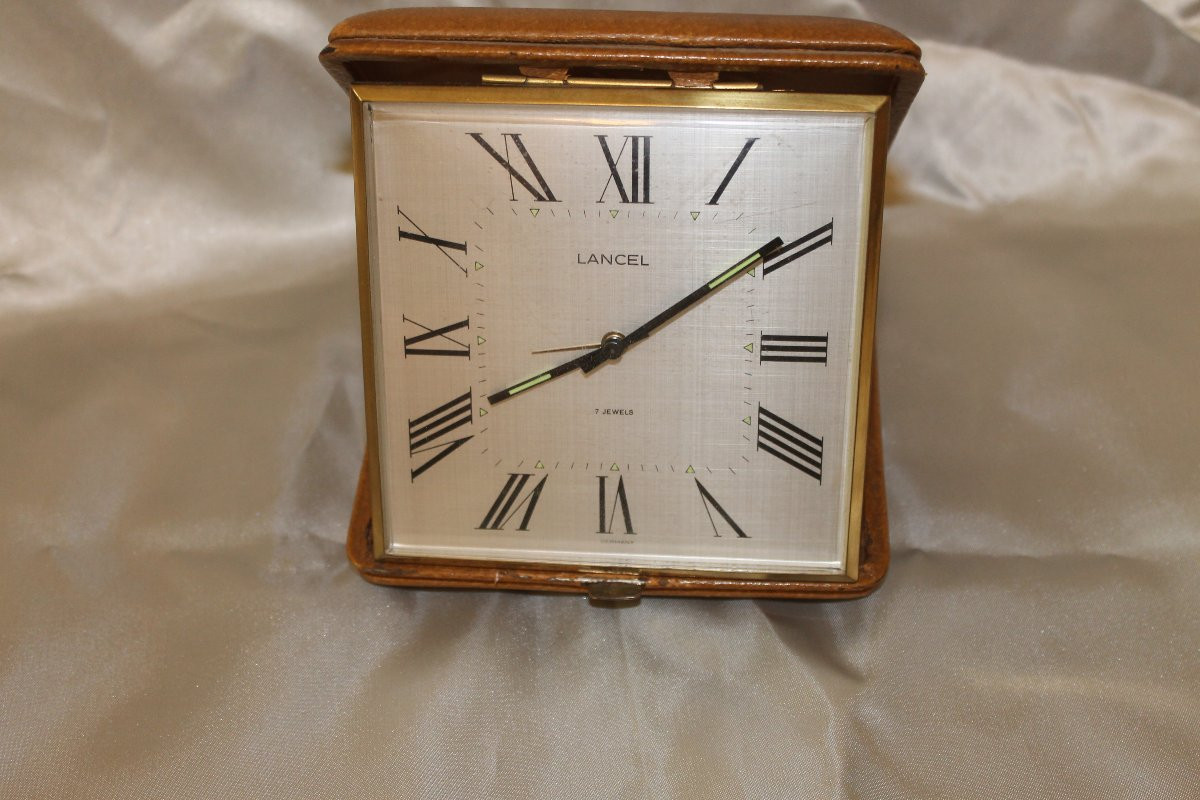 Lancel 7 Jewels Havana Leather Travel Alarm Clock From 1967 -photo-2