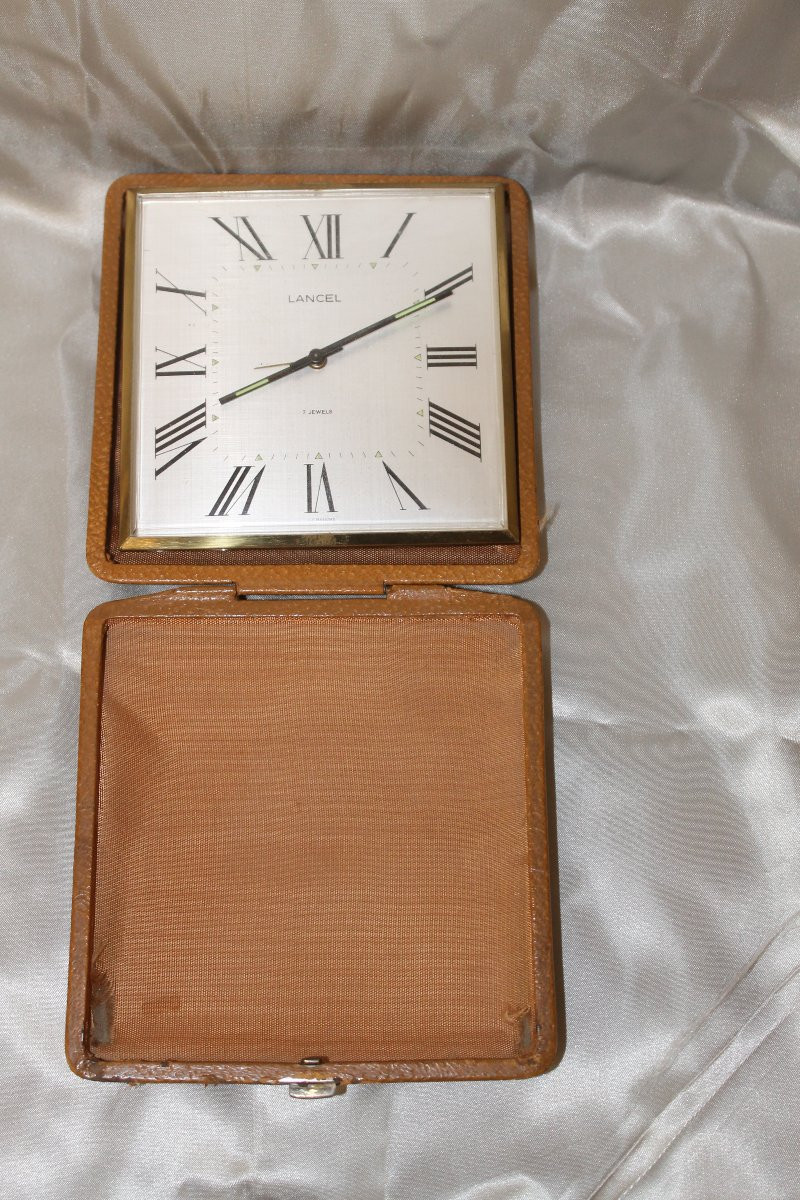 Lancel 7 Jewels Havana Leather Travel Alarm Clock From 1967 -photo-4