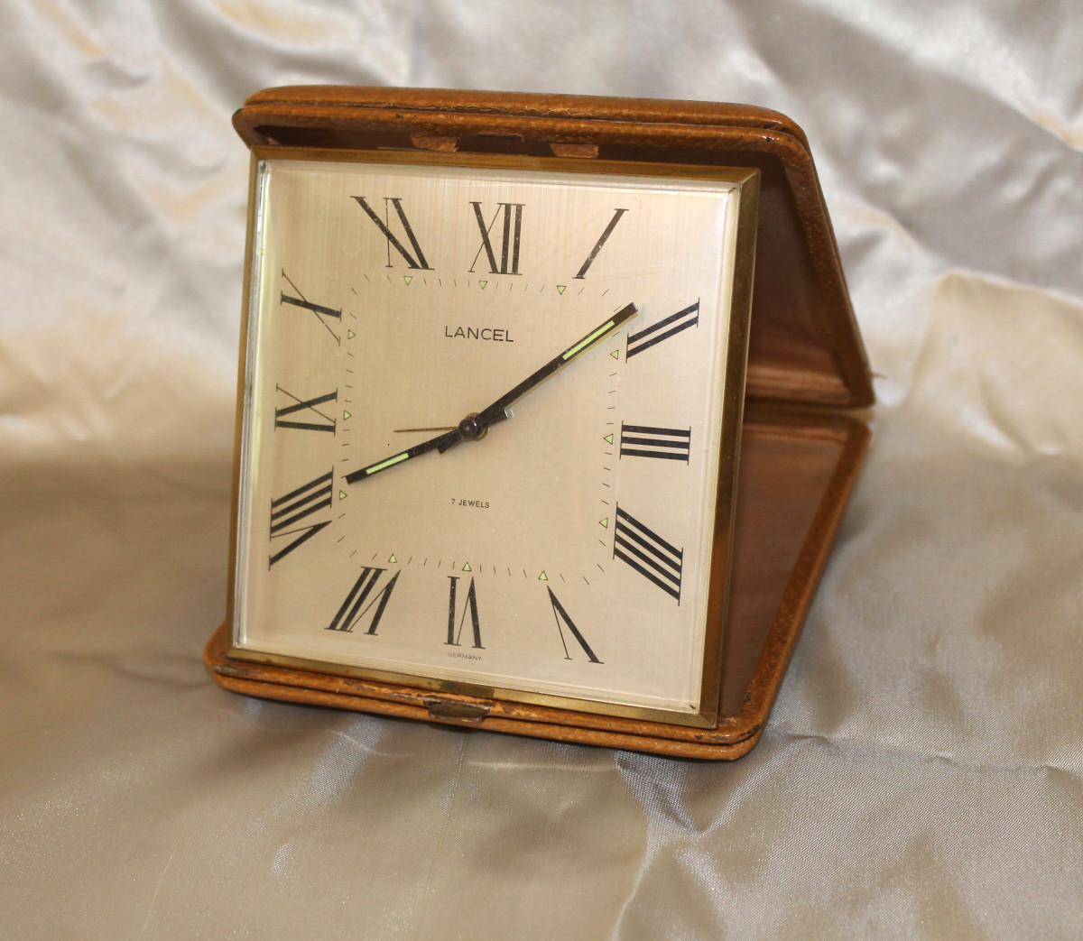 Lancel 7 Jewels Havana Leather Travel Alarm Clock From 1967 
