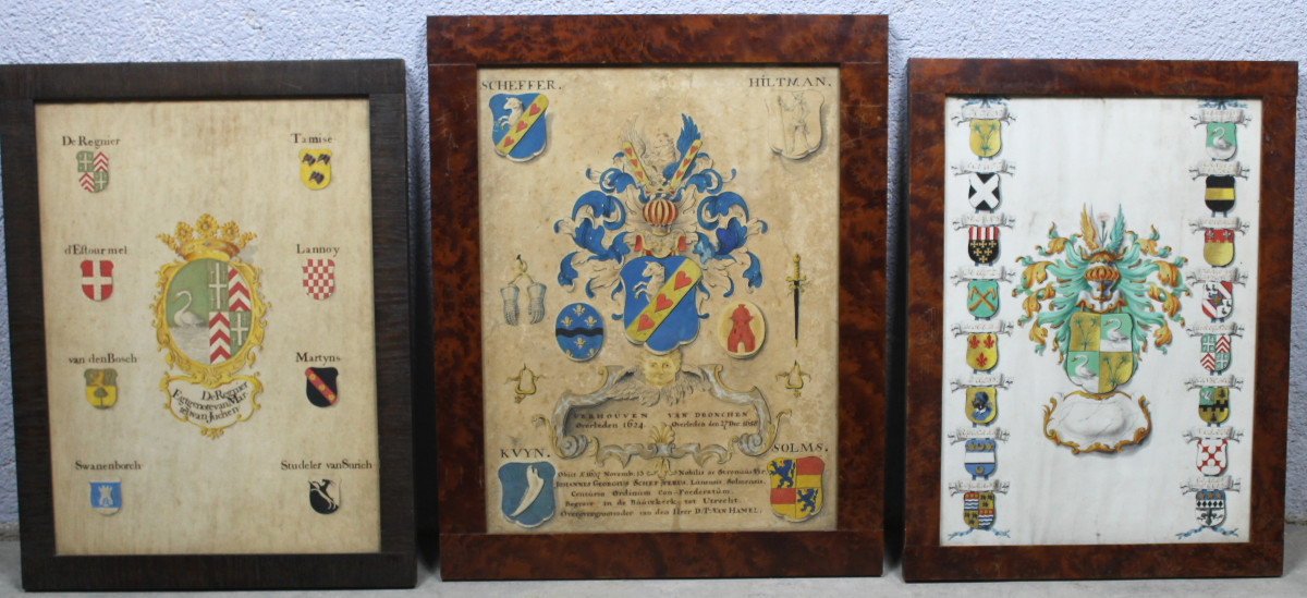3 Gouaches With Heraldic Decoration Genealogy With Coats Of Arms By Joan Loten, 18th Century