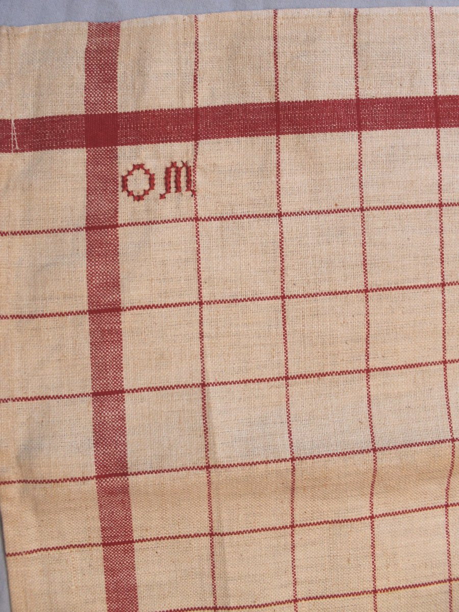 6 torchons à  liteaux rouges en toile métis lin et coton initiales brodées OM état neuf-photo-2