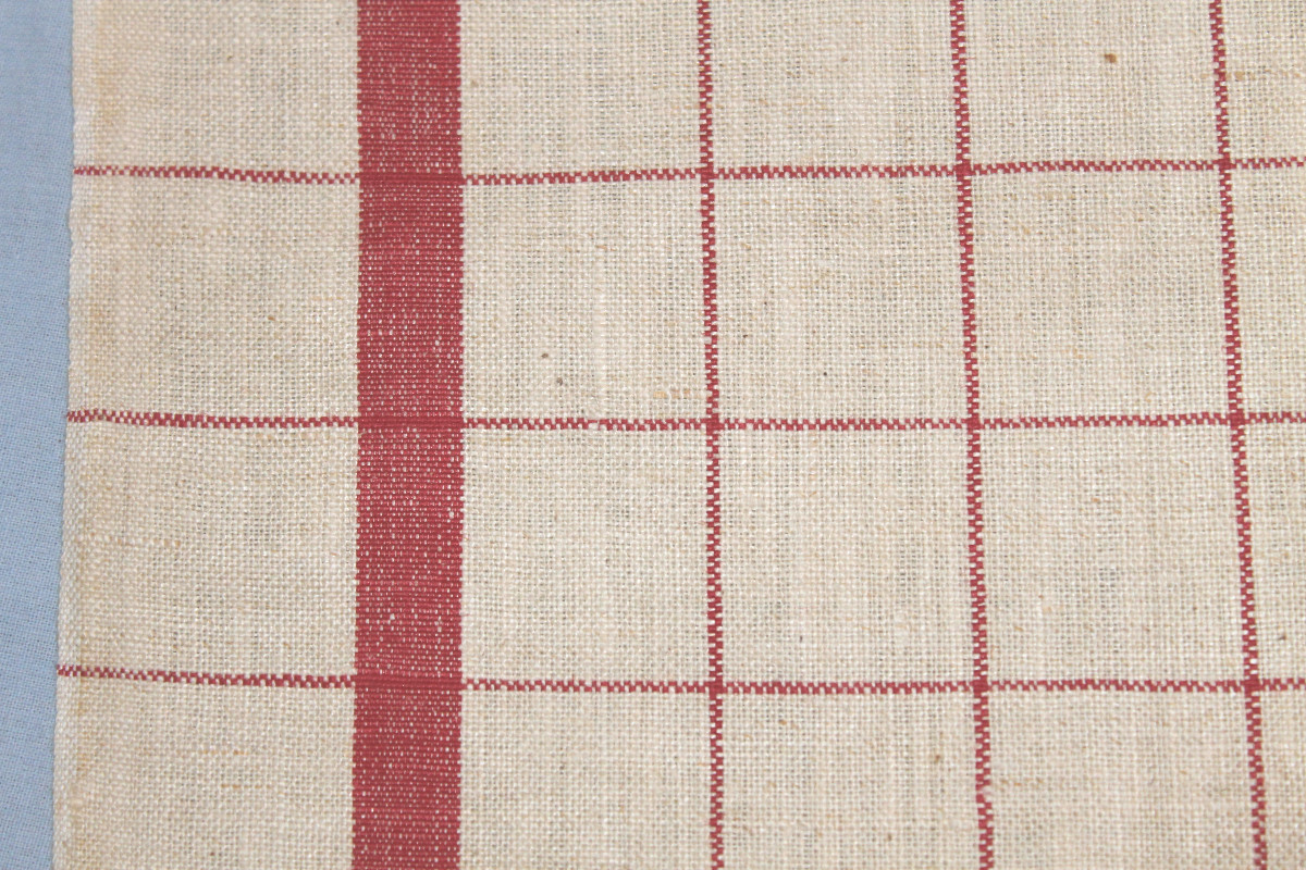 6 torchons à  liteaux rouges en toile métis lin et coton initiales brodées OM état neuf-photo-3