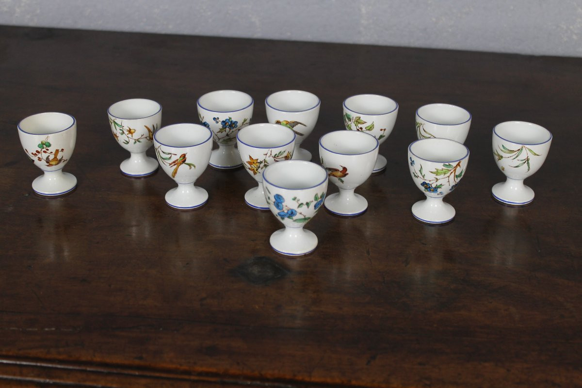 12 coquetiers en faïence fine de Bordeaux service Nella  oiseaux et fleurs japonisant ép. 19ème-photo-2