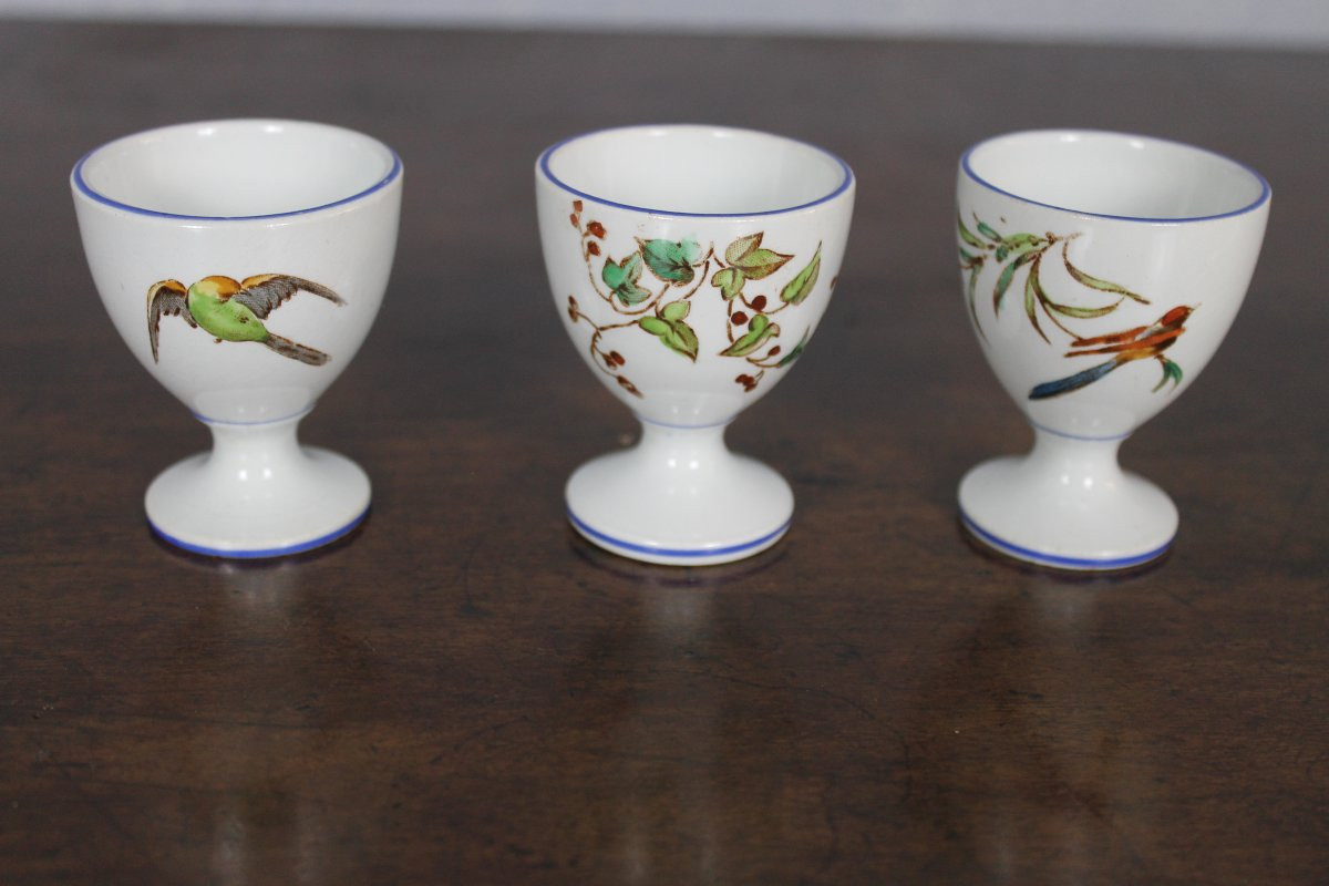 12 coquetiers en faïence fine de Bordeaux service Nella  oiseaux et fleurs japonisant ép. 19ème-photo-1