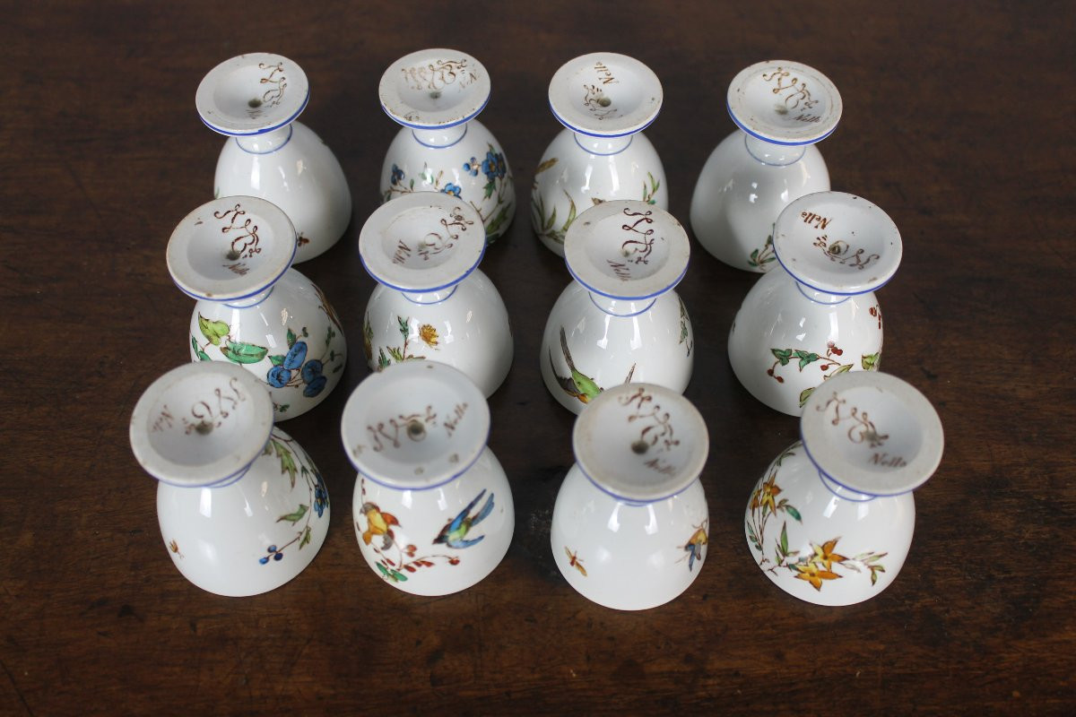 12 coquetiers en faïence fine de Bordeaux service Nella  oiseaux et fleurs japonisant ép. 19ème-photo-4
