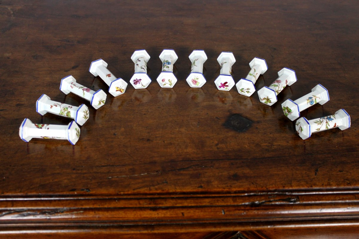 12 Knife Holders In Fine Bordeaux Earthenware, Nella Service, Birds And Flowers, Japanese Style, 19th Century-photo-2