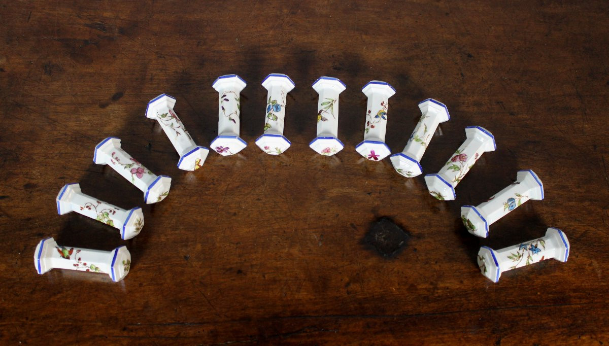 12 Knife Holders In Fine Bordeaux Earthenware, Nella Service, Birds And Flowers, Japanese Style, 19th Century-photo-3