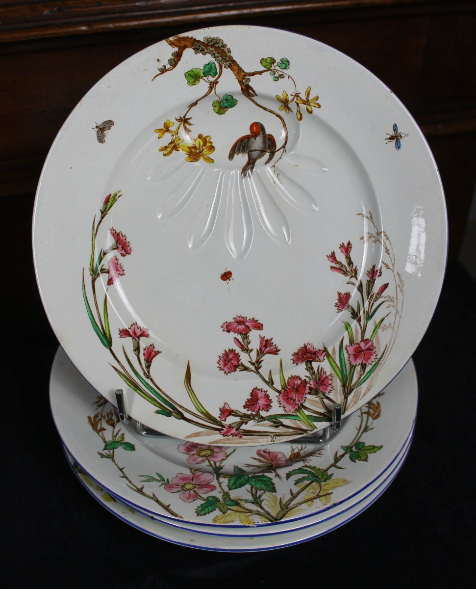 Fine Earthenware Meat Service From Bordeaux, Nella Decoration With Japanese-inspired Birds And Flowers, 19th Century-photo-4