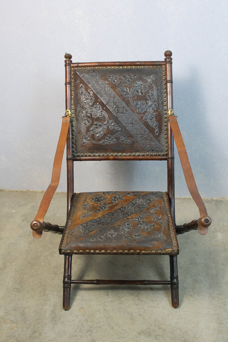 Folding Officer's Field Chair In Embossed Leather And Solid Wood, 19th Century-photo-2