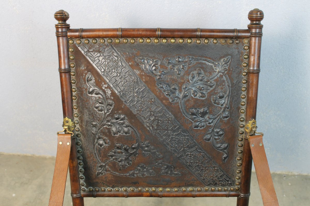 Folding Officer's Field Chair In Embossed Leather And Solid Wood, 19th Century-photo-3