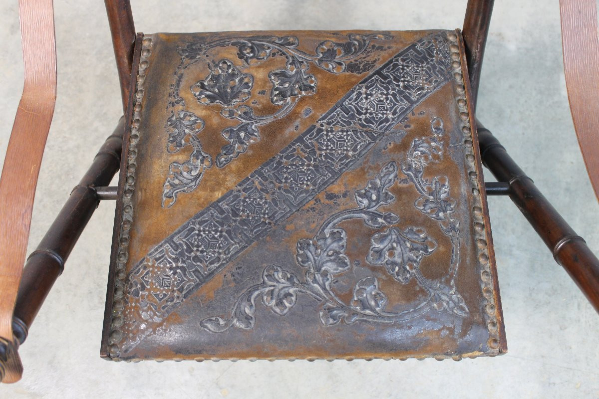 Folding Officer's Field Chair In Embossed Leather And Solid Wood, 19th Century-photo-4