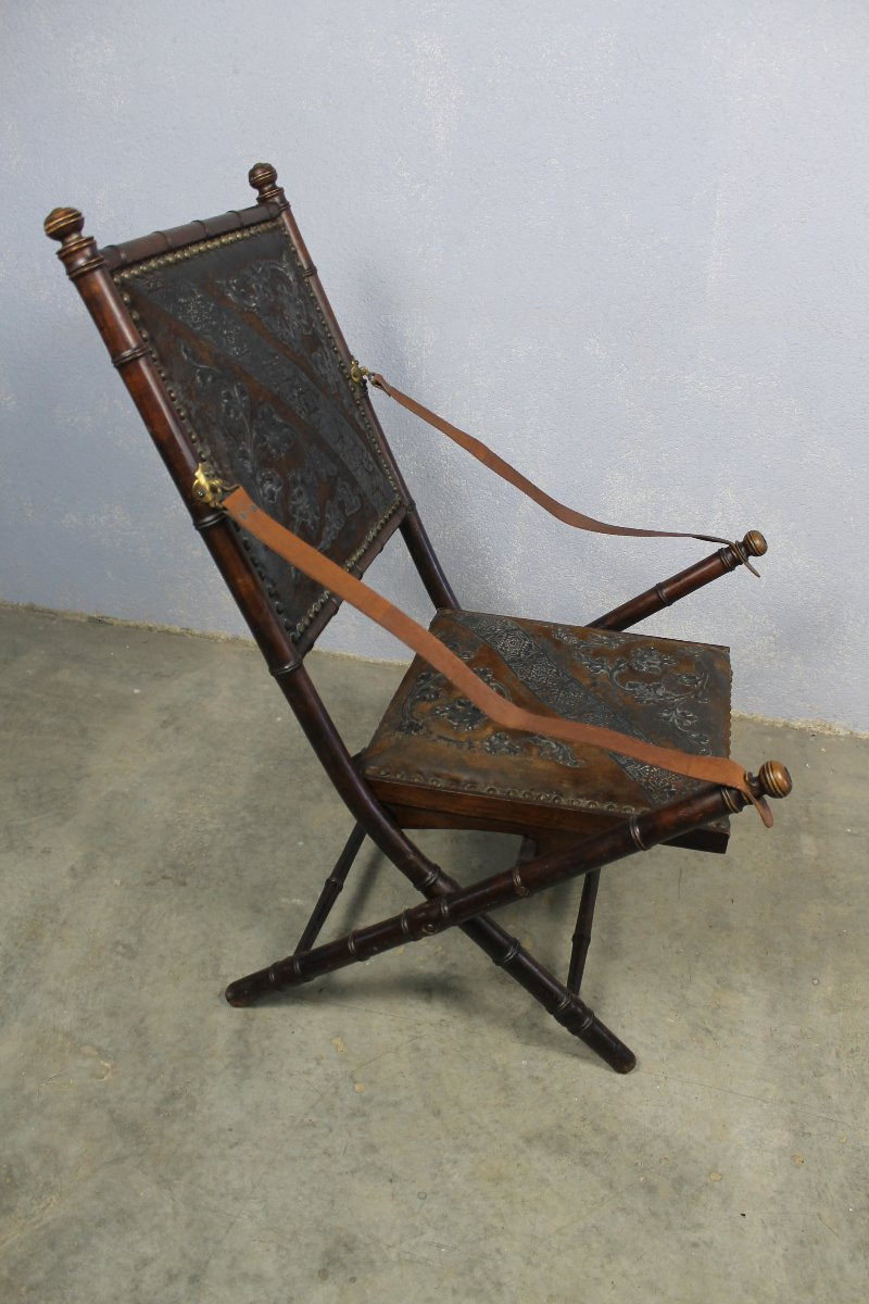 Folding Officer's Field Chair In Embossed Leather And Solid Wood, 19th Century-photo-3
