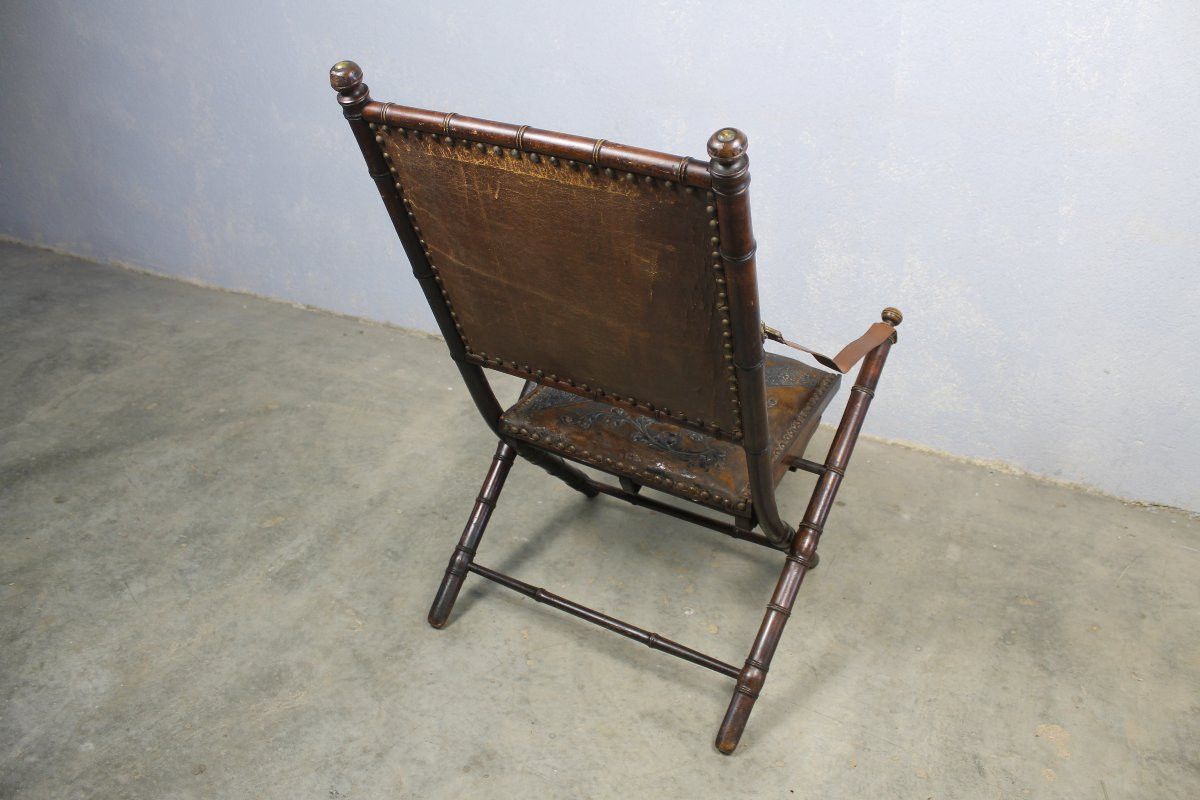 Folding Officer's Field Chair In Embossed Leather And Solid Wood, 19th Century-photo-4