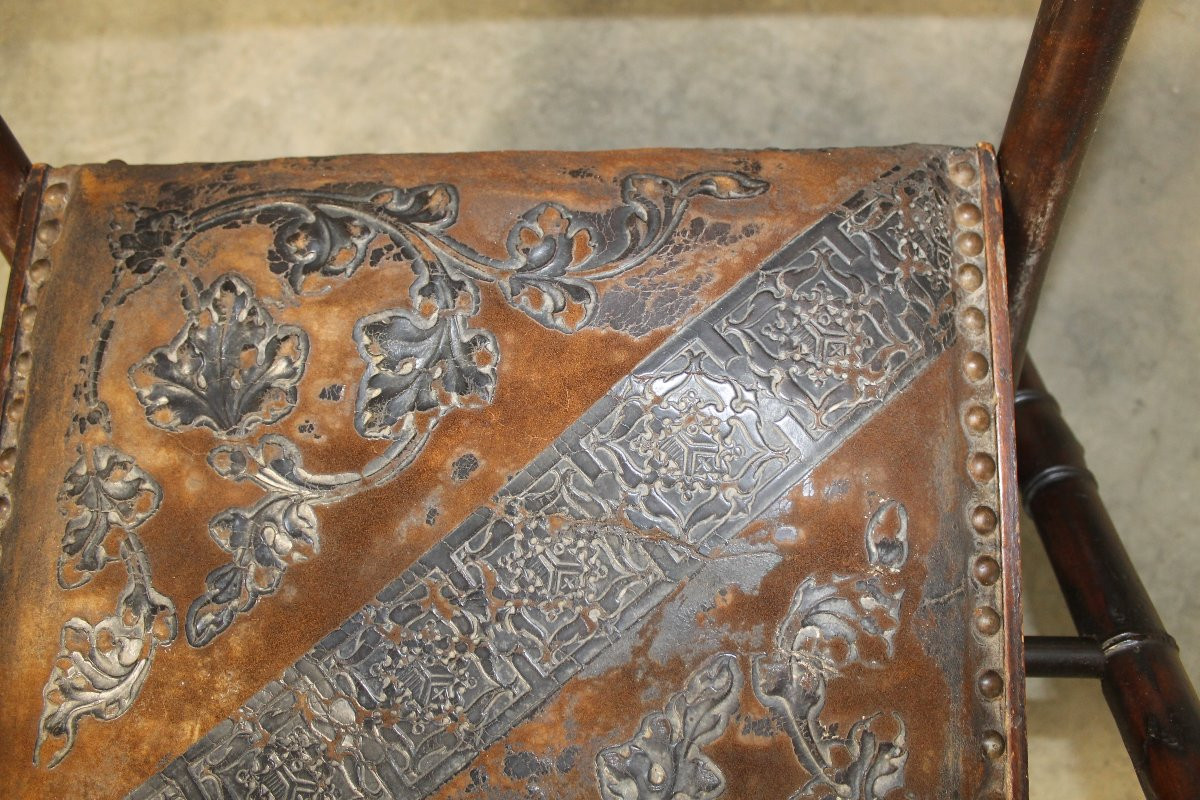 Folding Officer's Field Chair In Embossed Leather And Solid Wood, 19th Century-photo-5