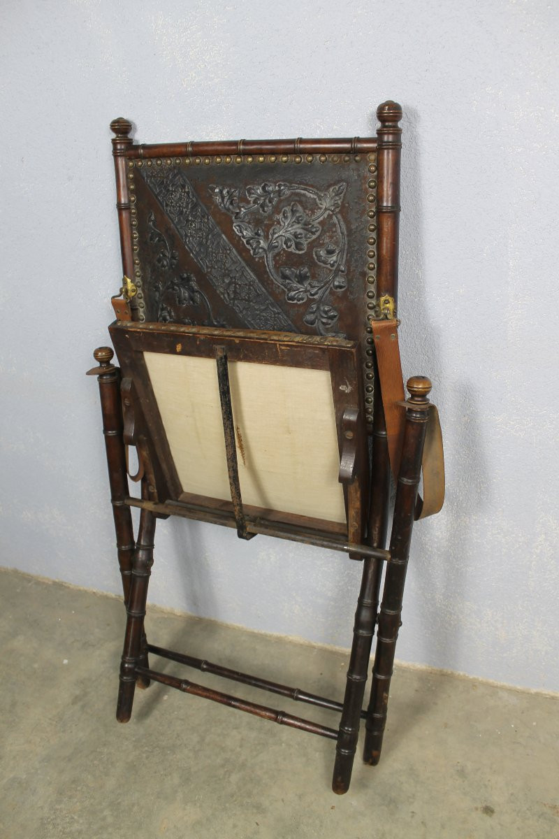 Folding Officer's Field Chair In Embossed Leather And Solid Wood, 19th Century-photo-6