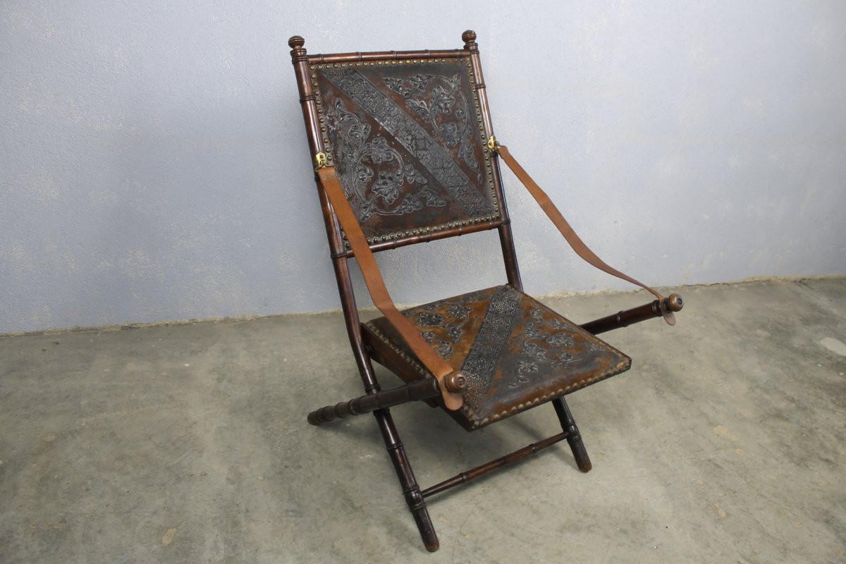 Folding Officer's Field Chair In Embossed Leather And Solid Wood, 19th Century-photo-8