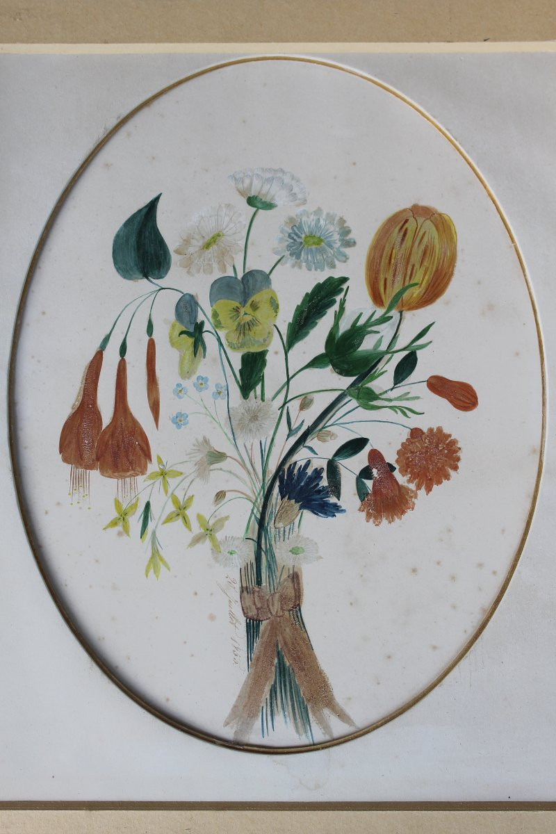 Framed Gouache Painting Depicting A Bouquet Of Flowers, Dated 1855, Romantic Style, 19th Century-photo-2