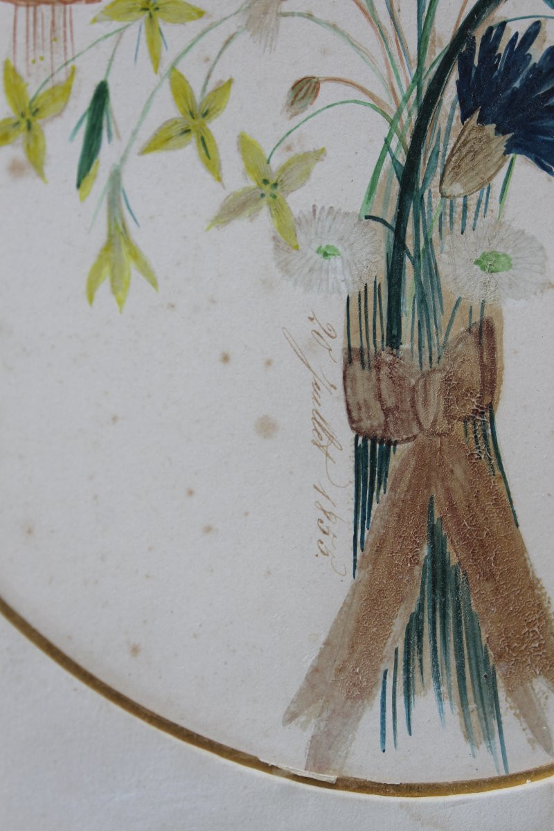 Framed Gouache Painting Depicting A Bouquet Of Flowers, Dated 1855, Romantic Style, 19th Century-photo-3