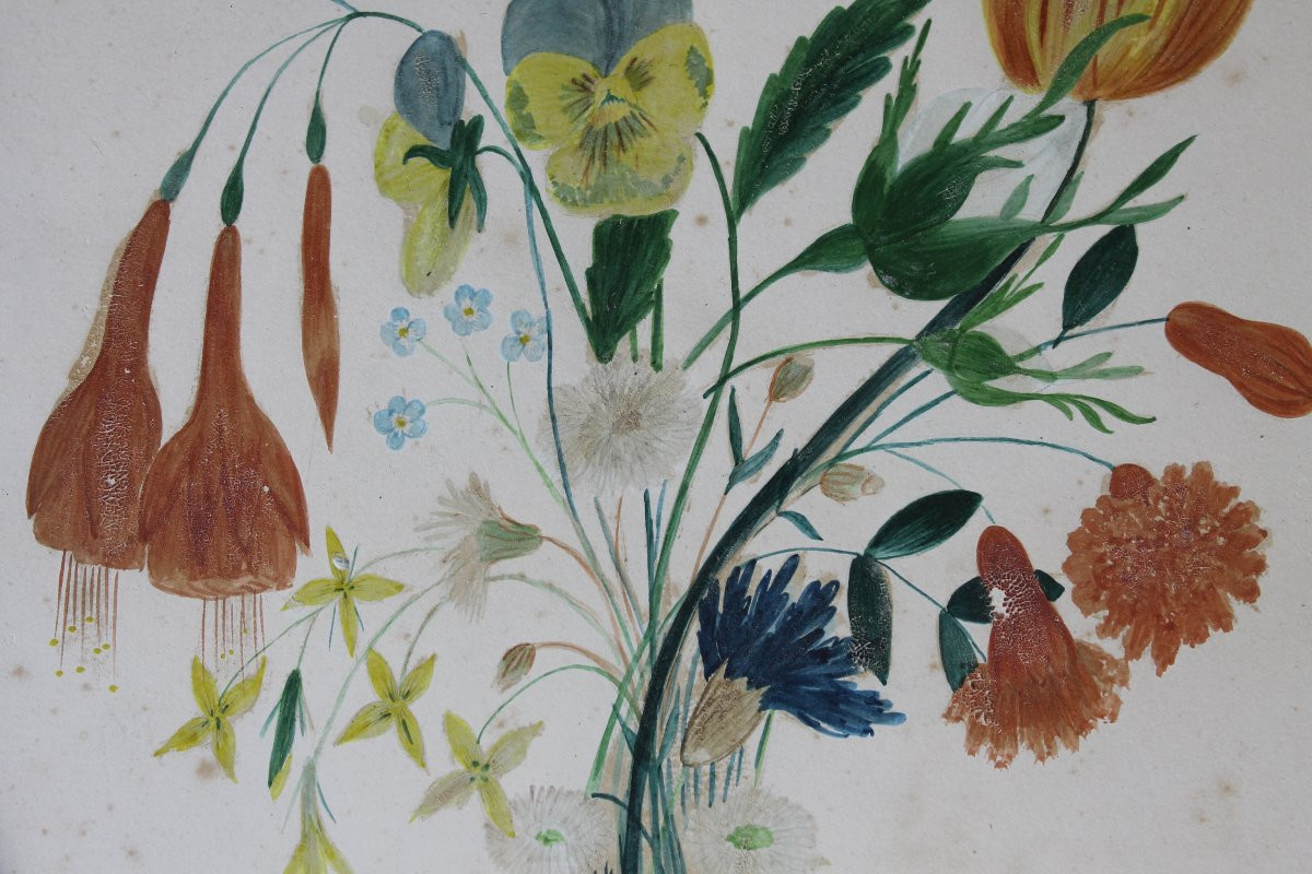 Framed Gouache Painting Depicting A Bouquet Of Flowers, Dated 1855, Romantic Style, 19th Century-photo-4