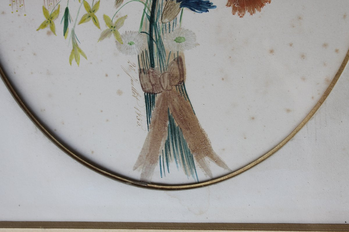 Framed Gouache Painting Depicting A Bouquet Of Flowers, Dated 1855, Romantic Style, 19th Century-photo-1