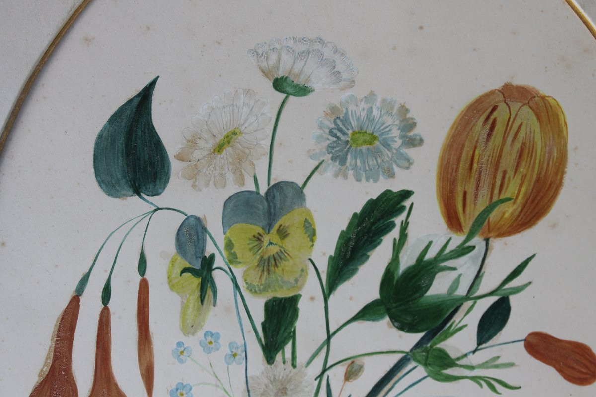 Framed Gouache Painting Depicting A Bouquet Of Flowers, Dated 1855, Romantic Style, 19th Century-photo-2