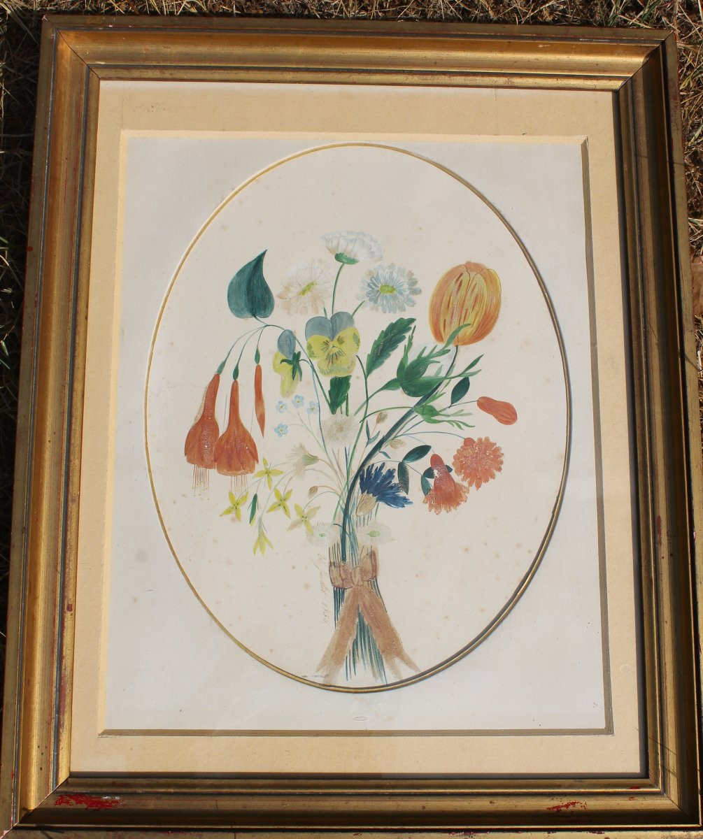 Framed Gouache Painting Depicting A Bouquet Of Flowers, Dated 1855, Romantic Style, 19th Century-photo-3