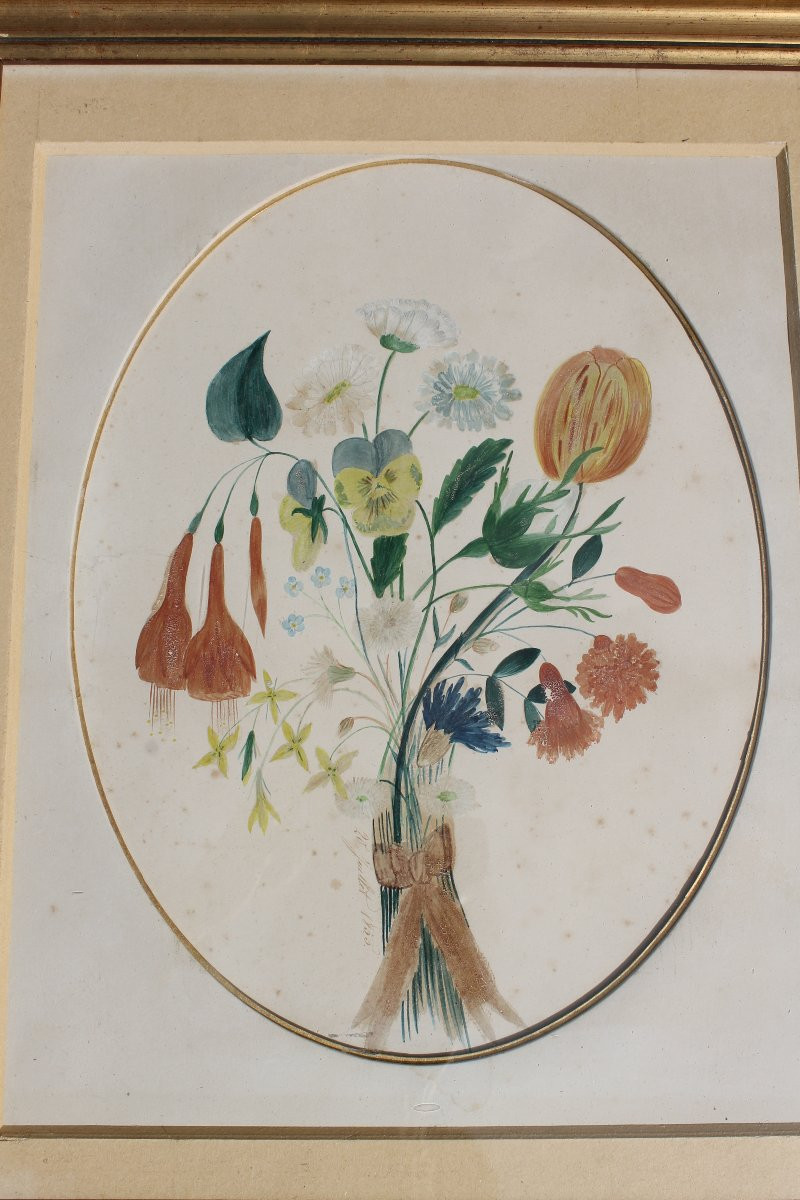 Framed Gouache Painting Depicting A Bouquet Of Flowers, Dated 1855, Romantic Style, 19th Century-photo-4