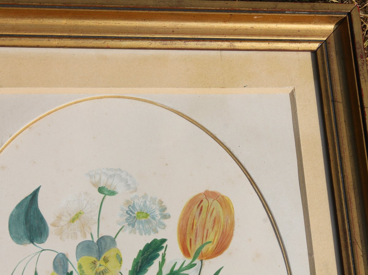Framed Gouache Painting Depicting A Bouquet Of Flowers, Dated 1855, Romantic Style, 19th Century-photo-5