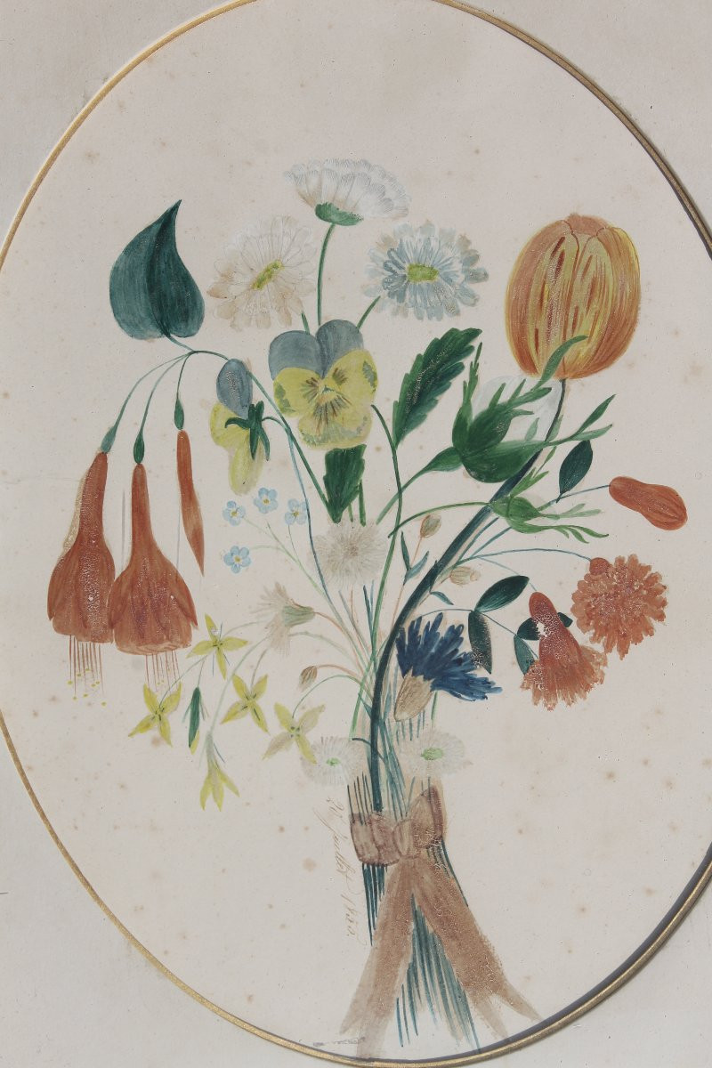 Framed Gouache Painting Depicting A Bouquet Of Flowers, Dated 1855, Romantic Style, 19th Century-photo-7