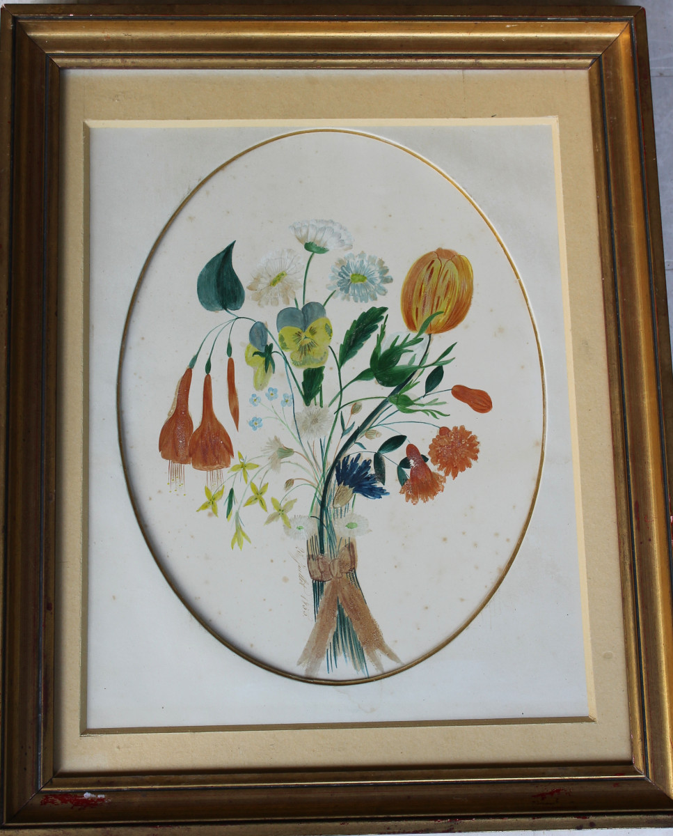 Framed Gouache Painting Depicting A Bouquet Of Flowers, Dated 1855, Romantic Style, 19th Century