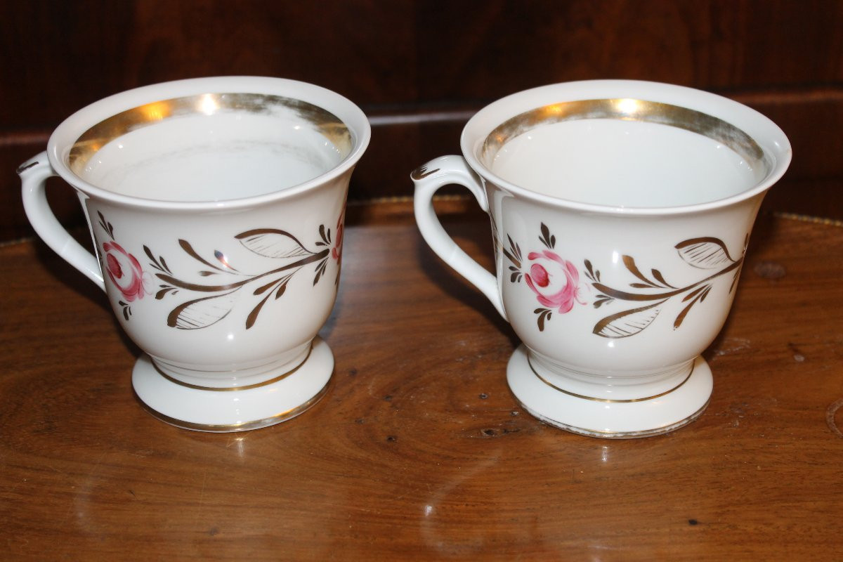 Pair Of Paris Porcelain Chocolate Cups With Floral Decoration, 19th Century-photo-4