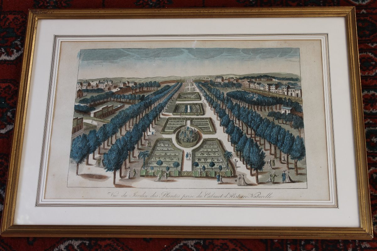 Framed Watercolor Optical Views Of Paris, 18th Century: General View And View Of The Jardin Des Plantes-photo-2
