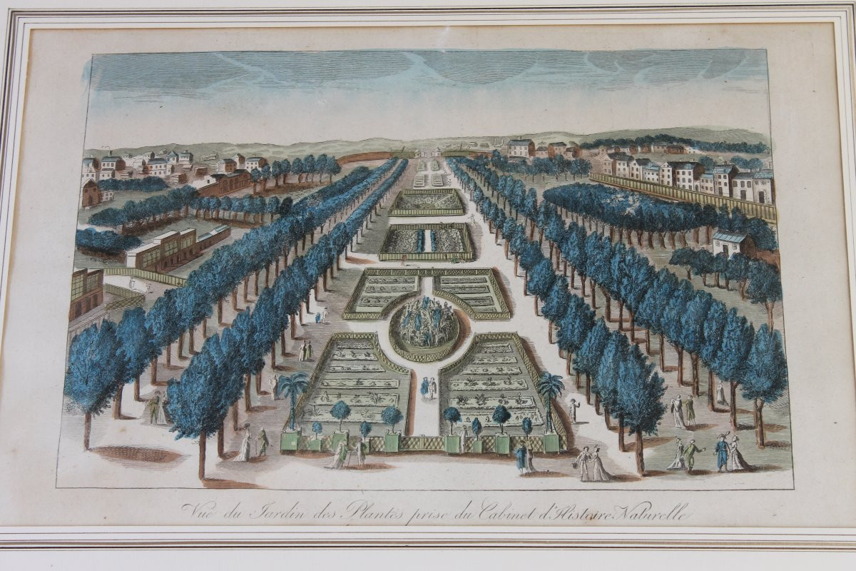 Framed Watercolor Optical Views Of Paris, 18th Century: General View And View Of The Jardin Des Plantes-photo-3