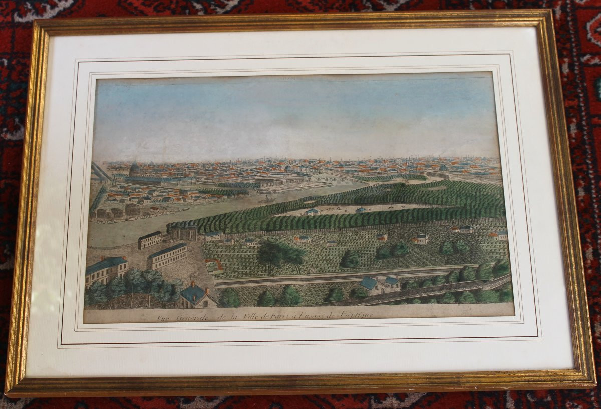 Framed Watercolor Optical Views Of Paris, 18th Century: General View And View Of The Jardin Des Plantes-photo-3