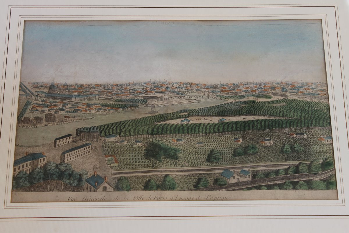 Framed Watercolor Optical Views Of Paris, 18th Century: General View And View Of The Jardin Des Plantes-photo-4