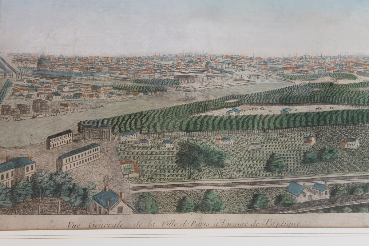 Framed Watercolor Optical Views Of Paris, 18th Century: General View And View Of The Jardin Des Plantes-photo-5