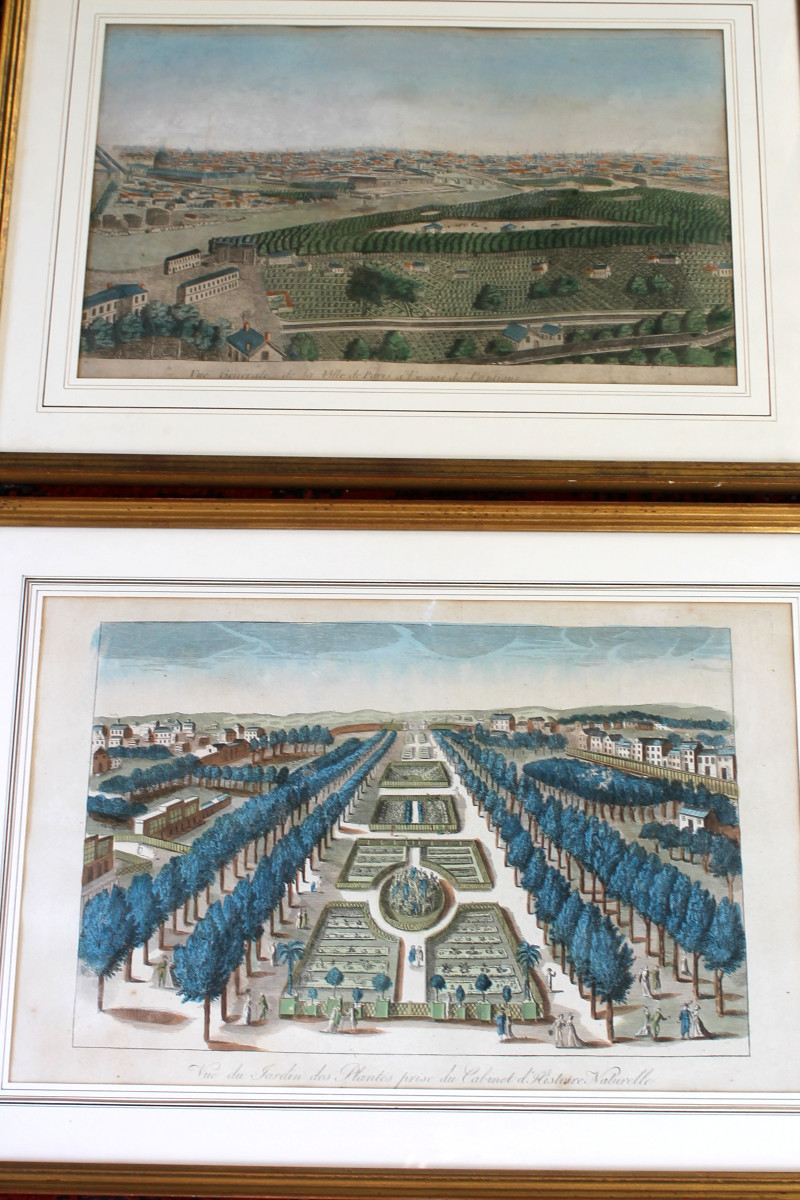 Framed Watercolor Optical Views Of Paris, 18th Century: General View And View Of The Jardin Des Plantes