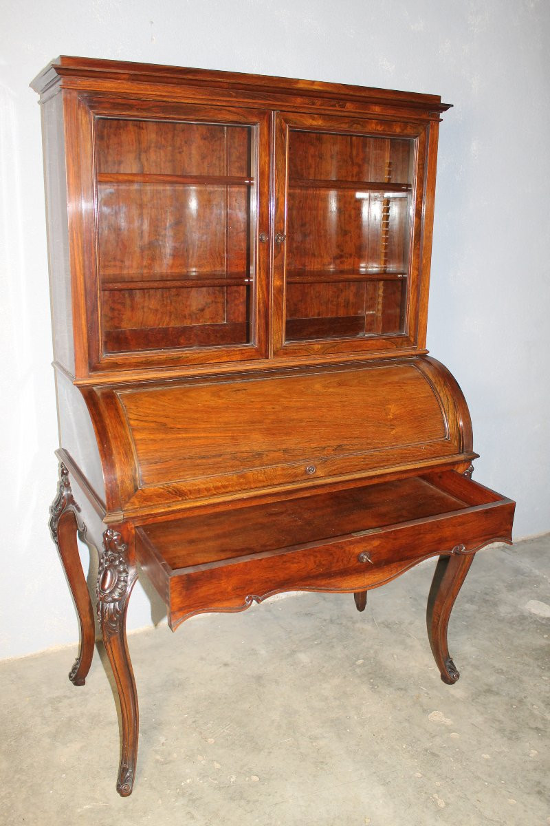 Bonheur Du Jour - Roll-top Desk With Its Louis XV Style Rosewood Bookcase, 19th Century-photo-2