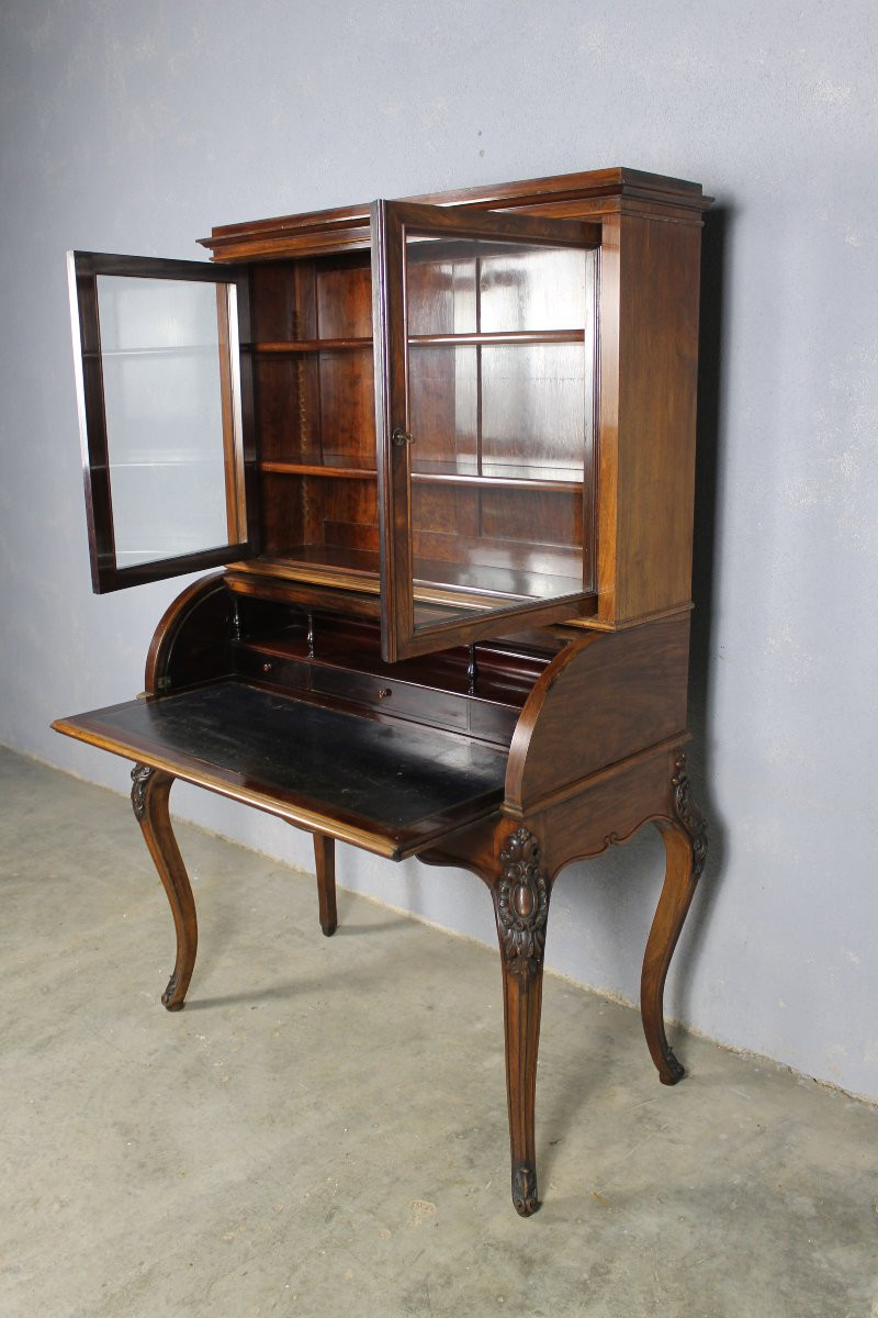 Bonheur Du Jour - Roll-top Desk With Its Louis XV Style Rosewood Bookcase, 19th Century-photo-2