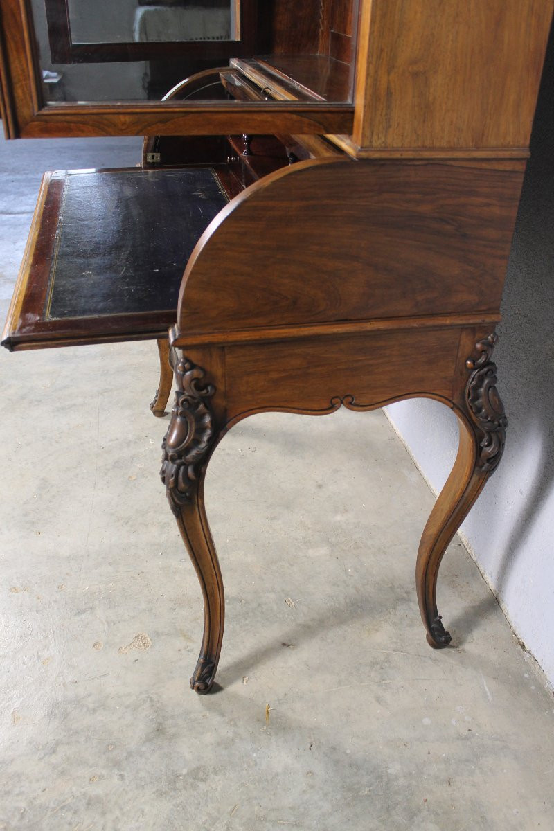 Bonheur Du Jour - Roll-top Desk With Its Louis XV Style Rosewood Bookcase, 19th Century-photo-3