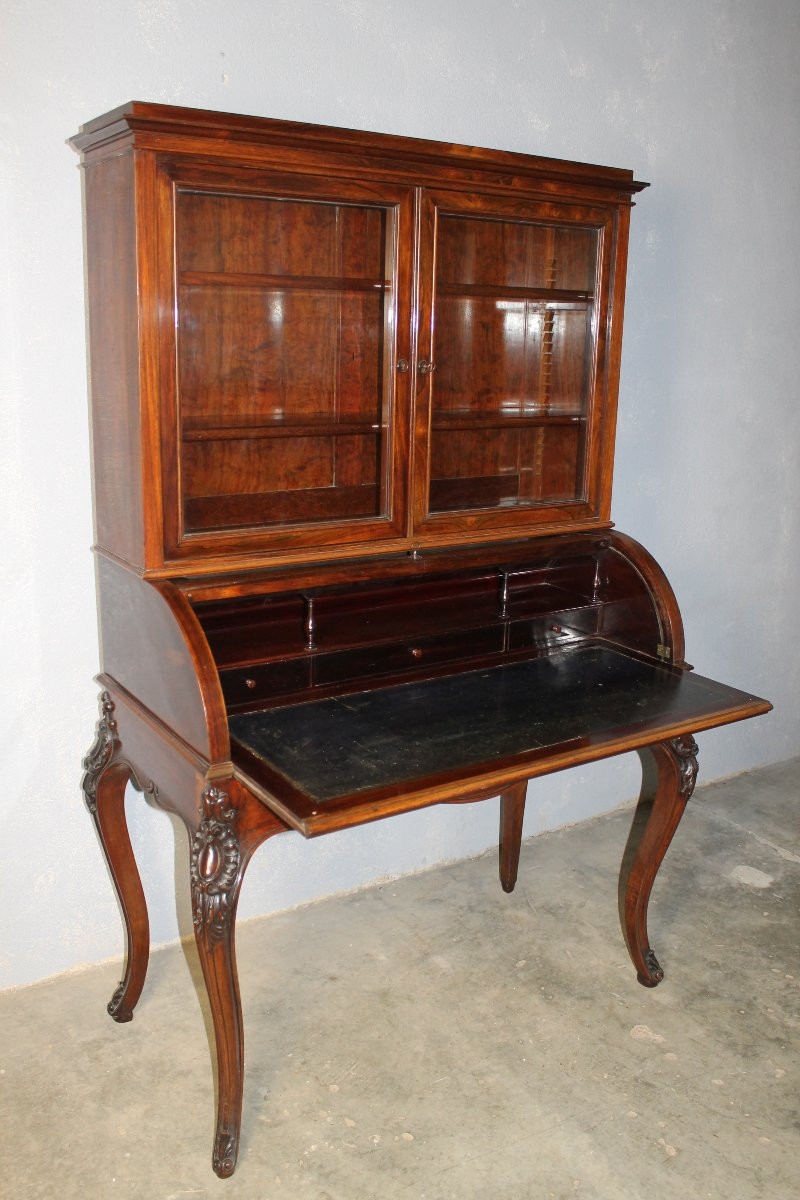 Bonheur Du Jour - Roll-top Desk With Its Louis XV Style Rosewood Bookcase, 19th Century-photo-6