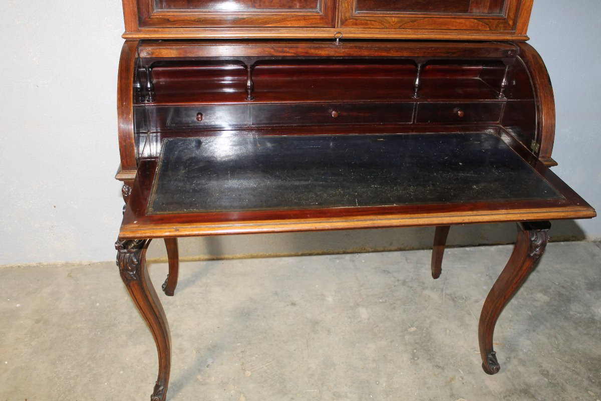Bonheur Du Jour - Roll-top Desk With Its Louis XV Style Rosewood Bookcase, 19th Century-photo-7