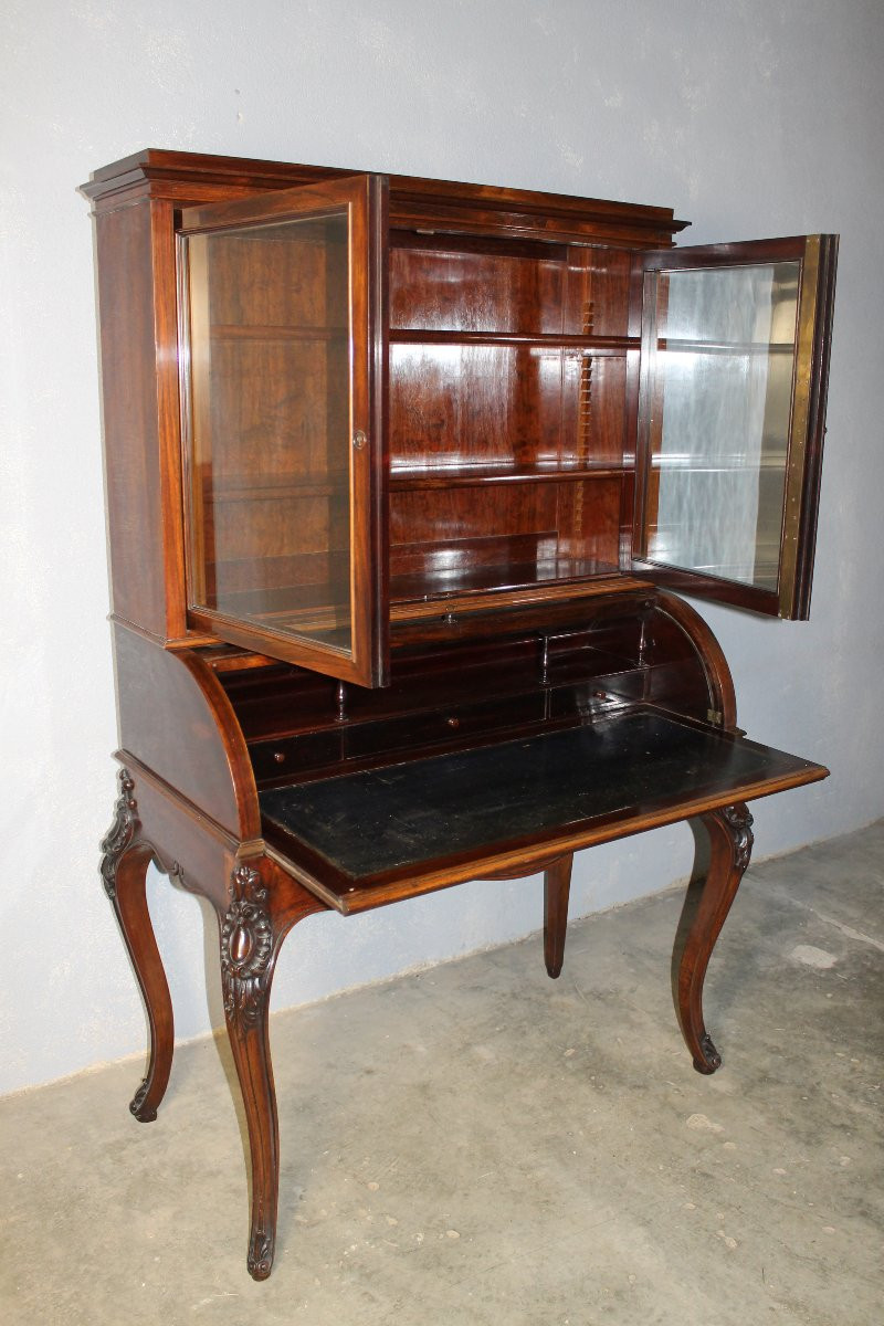 Bonheur Du Jour - Roll-top Desk With Its Louis XV Style Rosewood Bookcase, 19th Century-photo-8