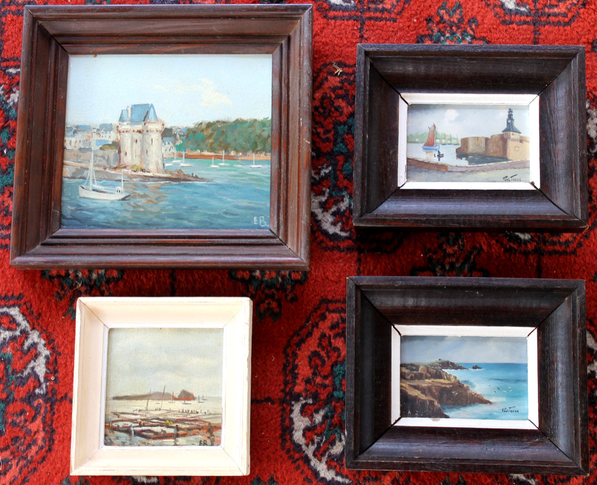 4 vues de Bretagne encadrées Saint Servan sur mer, Concarneau, Quiberon, Cancale huiles signées