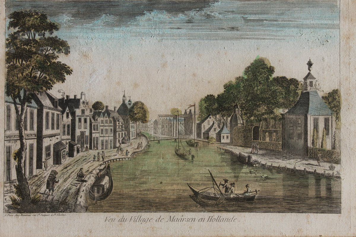Vue de Maârsen en Hollande Vue d'optique encadrée et aquarellée époque 18ème -photo-2