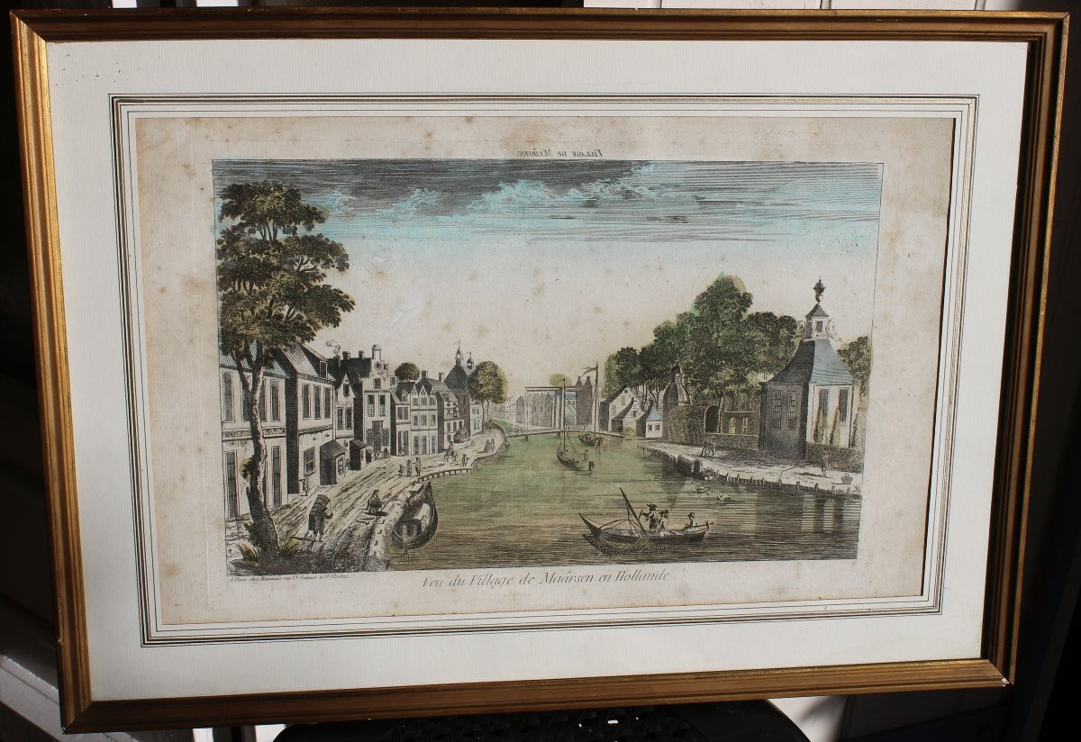 Vue de Maârsen en Hollande Vue d'optique encadrée et aquarellée époque 18ème -photo-3